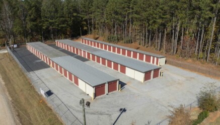 Aerial view of the rows of drive-up storage units